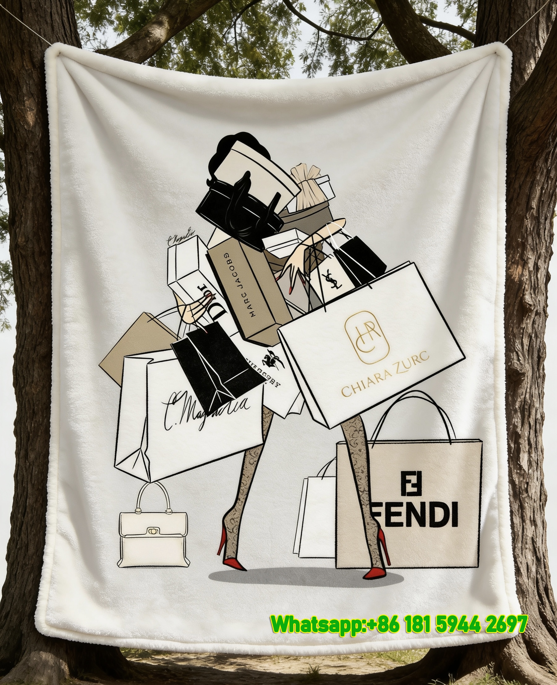 Fendi Shopping Bag Fashion Illustration Flannel Sofa Throw Blanket IMG_9394